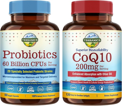 [BRSRABLRDMHQ43DF] Terranics Probiotics & CoQ10 Bundle, Heart & Digestion Health, 60 Billion Probiotics, Bioactive Coenzyme Q10 200mg, Extra Virgin Olive Oil, Bundle & Save