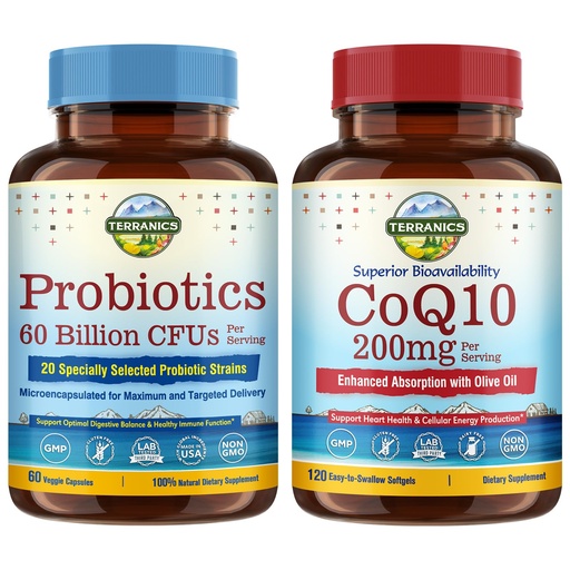[BRSRABLRDMHQ43DF] Terranics Probiotics & CoQ10 Bundle, Heart & Digestion Health, 60 Billion Probiotics, Bioactive Coenzyme Q10 200mg, Extra Virgin Olive Oil, Bundle & Save
