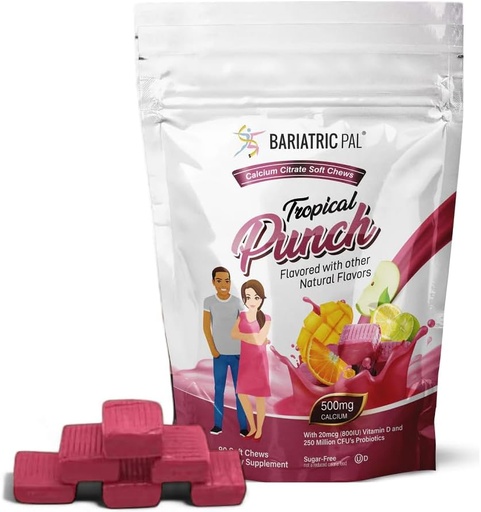 [BRSRAZ35CMMAIE34] BariatricPal Sugar-Free Calcium Citrate Soft Chews | 500mg with Vitamin D & Probiotics | Tropical Punch | 90 Count (1 Month Supply)