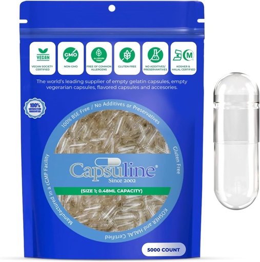[BRSWIAQQCUHWC2DU] Capsuline Size 1 - Clear Empty Vegan Capsules - 5000 Count - Empty Veggie Pill Capsules - DIY Vegetable Capsule Filling - Tomma Caps - Kosher och Halal Certified - Non-GMO Certified