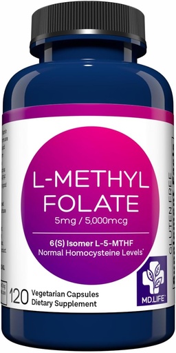 [BRSRMZI5CRYREGT7] MD Life L-Methylfolate 5 mg Supplement - Professional-Grade Active L Methylfolate Supplement - 120 Kapslid - L-Methylfolate 5mg - Maksimaalne potentsi MTHFR W/Essential Aminohapped