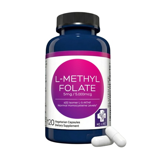[BRSRMZI5CRYREGT7] MD. Life L-Methylfolate 5 mg, Professional Grade, 120 Capsules, 5-MTHF | Active L-Methylfolate Supplement with Essential Amino Acids - Maximum Potency MTHFR Support - Doctor Designed, Made in USA