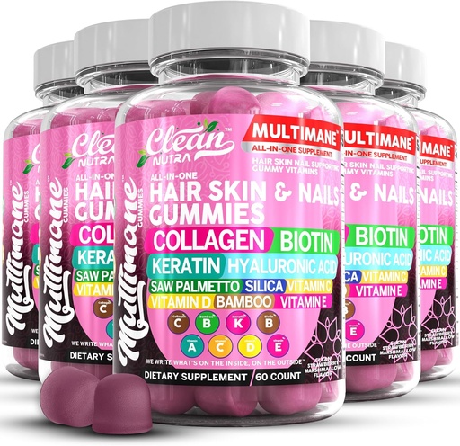 [BRSRAFA2BUAWKFY4] Multimane Collagen Gummies with Biotin Keratin Hyaluronic Acid Bamboo Vitamin A C Vitamin D Vitamin E Folate Saw Palmetto Silica B3 Vitamins Hair Skin and Nails Gummies by Clean Nutra