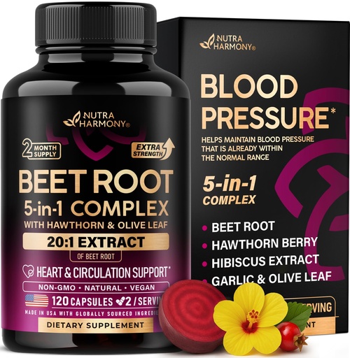[BRSRAGL4CUFRM2Y4] Beet Root Capsules - Healthy Blood Pressure Support Supplement** for Heart & Circulation Support - with Hawthorn Berry, Hibiscus & Garlic - Nitric Oxide for Energy - Made in USA, 120 Capsules