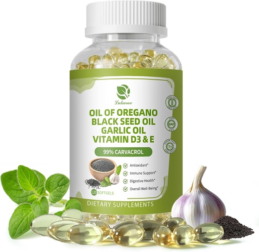 [BRSRAAT3AAPRE2AZ] Lukaree Oregano Oil Capsules with Black Seed Oil, Garlic Oil, Vitamin D3 E, 99% High Concentrated Carvacrol - Antioxidant, Immune & Digestive Support*, 120 Softgels Caps, 60 Day Supply, Non GMO | GMP