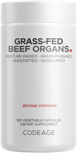 [BRSWGEIDPIDROCA7] Codeage Grass Fed Beef Organs Supplement – Glandulars Supplements - Freeze Dried, Non-Defatted, Desiccated Liver, Heart, Kidney, Pancreas & Spleen Bovine Pills – Beef Vitamins - Non-GMO -180 Capsules