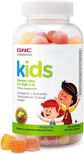 [BRSWIBAMBIEACALU] GNC Milestones Kids DHA Gummies, Kids Ages 2-12, Omega-3s, Eye and Brain Function & Development, Vitamin A & D, Healthy Teeth & Bones, Gluten Free, No Artificial Flavors, Raspberry Lemon, 120 Gummies