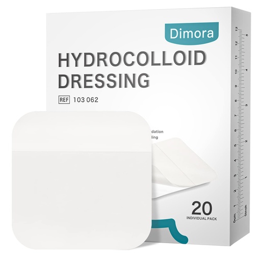 [BRSRMHAZCAFA4AI7] Dimora 20 Pack Hydrocolloid Wound Dressing, Ultra Thin 4" x 4" Large Patch Bandages with Self-Adhesive