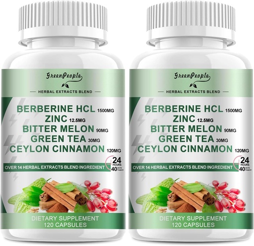 [BRSRAHQ6BAJQOCTB] GREENPEOPLE Berberine Supplement with Ceylon Cinnamon - 120 Count Berberine 1500mg Berberine HCL Capsules with Bitter Melon / Artisoke Otteita & Luonnollinen Yrtit Immuuni Support 2 Pack