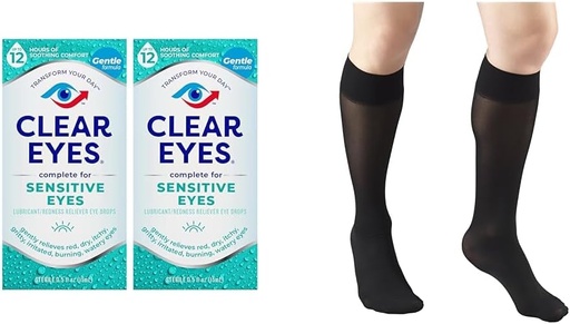 [BRSRAYYYPMIWAHQY] Clear Eyes Sensitive Eye Drops 2 Pack & Truform Sheer Compression Stockings Women's Knee High 20 Denier Black Medium
