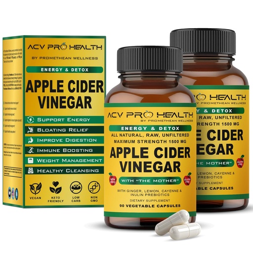 [BRSROBIDO4MBOFI3] Promethean Wellness 2-PK (180 Count) ACV Pro Apple Cider Vinegar Capsules Certified Organic with Mother ACV Pills Detox Cleanse Acid Reflux Relief Support Supplement Ginger Root Cayenne Pepper Powder