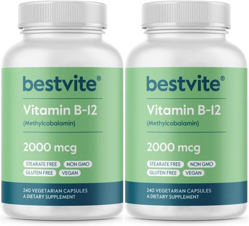 [BRSRMHACPMCRA3TO] BESTVITE Vitamine B12 (méthylcobalamine) 2000mcg (480 Capsules végétariennes)(2 x 240) (méthyl B12) - Pas de stéarate - Vegan - Non OGM - Sans gluten
