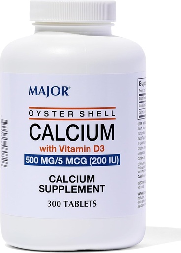 [BRSWIZY5BZ4AGAA7] Major Oyster Shell Calcium with Vitamin D3 500 mg / 5 mcg (200 IU) - Daily Calcium Supplement - 300 Tablets (1 Pack)