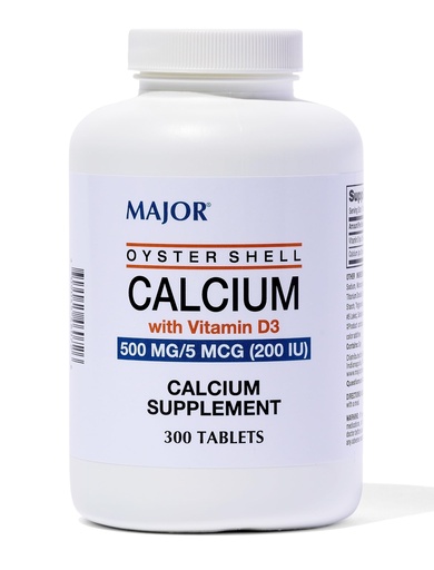 [BRSWIZY5BZ4AGAA7] Major Oyster Shell Calcium with Vitamin D3 500 mg / 5 mcg (200 IU) - Daily Calcium Supplement - 300 Tablets (1 Pack)