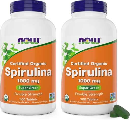 [BRSROEDQOQBWODLO] NOW Foods Organic Spirulina 1000mg Tablets - 300 Count (Pack von 2) - Non-GMO, Super Green Whole Food Supplement - Double Strength 1000 mg - Natürlich heben Beta-Carotene (VIT A), B-12 und GLA