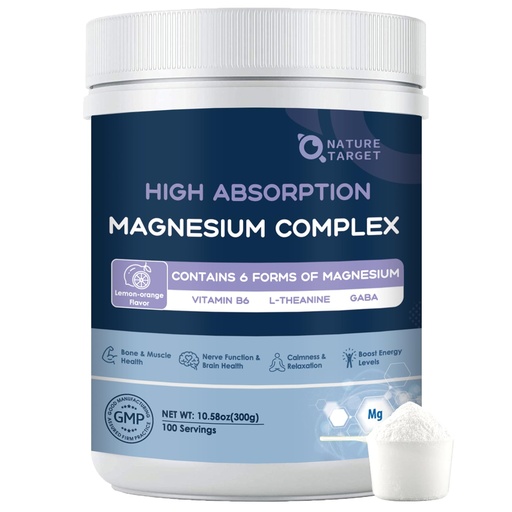 [BRSRAEIPCANBOA3P] NATURE TARGET Magnesium Powder Supplement with Glycinate, Citrate, Malate, Magnesium Complex with L-Theanine & Vitamin B6 for Muscle, Heart & Brain, Vegan, 10.58 oz (100 Servings), Lemon Orange Flavor