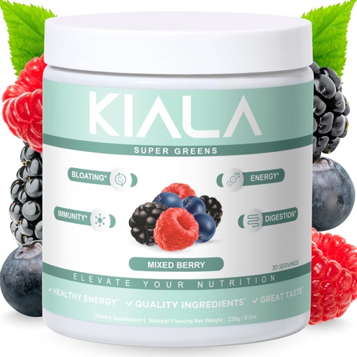 [BRSROZQLAV5WKYD5] Kiala Ernæring Super Grønn, Organisk Grønn pulver med Spirulina & Klorella for Digestion, Gut Helse, Immunitet, Energi, Glutenfri, Vegansk, Sukkerfri, Blandet Berry, Spectra Blanding, 30 Serveringer