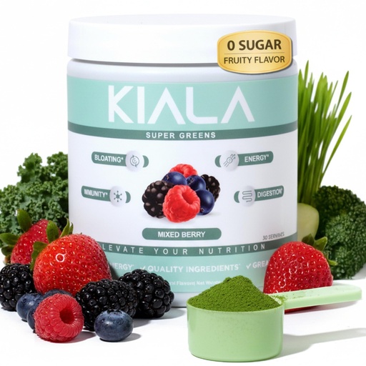 [BRSROZQLAV5WKYD5] Kiala Nutrition Super Greens, Organic Greens Powder with Spirulina & Chlorella for Digestion, Gut Health, Immunity, Adaptogens, Energy, Gluten Free, Vegan, Sugar Free, Mixed Berry, 30 Servings