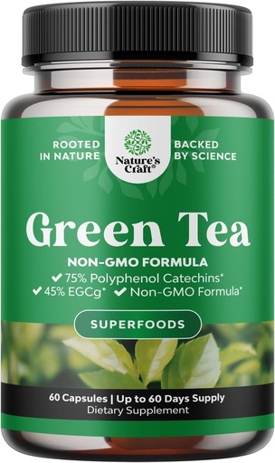 [BRSWKH37DEGBWE3H] Green Tea Extract Capsules - 500mg Pure Leaf Green Tea Caffeine Supplement - EGCG, Caffeine Extract & Polyphenols Supplement for Healthy Metabolism Support for Women & Men - Natural Detox - 60 Count