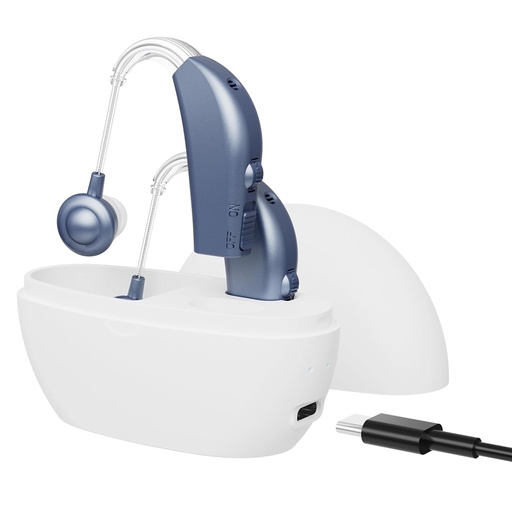 [BRSWG2TYO4DQ2ELA] Digital Hearing Aids for Seniors - (Pair of 2) Personal Hearing Enhancement Behind-The-Ear BTE Aid PSAP Sound Amplifier, Rechargeable Digital Hearing Amplifier with All-Day Battery Life, Modern Blue