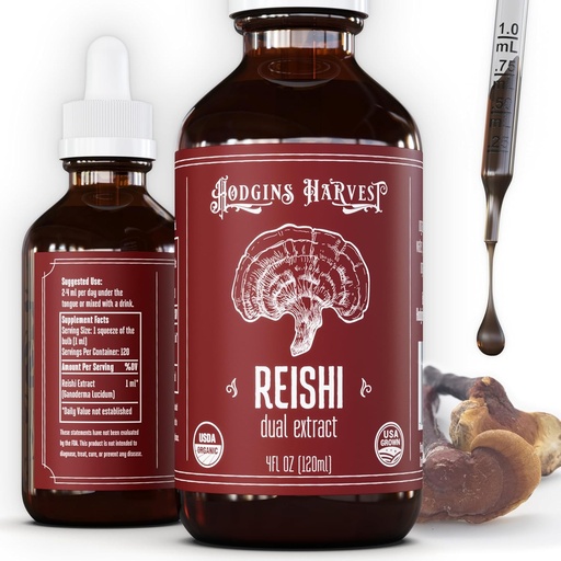 [BRSROYL5OQGWEDQU] Hodgins Harvest Organic Reishi Mushroom Fruiting Body Extract Tincture - Extra Concentrated Dual Extract Supplement - Supports Heart Health & Wellness - USDA Organic Mushrooms - 4 oz