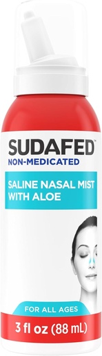 [BRSRAFL7O56GEC3F] Sudafed Non-Medicated Saline Nasal Mist with Aloe, Sinus Saline Nose Spray for All Ages Quickly Flushes & Moisturizes Nasal Passages, Use Nasal Mist as Often As Needed, Drug-Free, 3 fl. oz