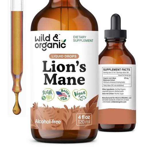 [BRSROY32OF4GAAAY] Wild & Organic Lions Mane Liquid Drops - Brain & Focus Support - Lion's Mane Mushroom Supplement - Hericium Erinaceus Mushroom Drops - Mix with Powder - Sugar & Alcohol-Free Extract Tincture - 4 oz