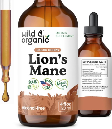 [BRSROY32OF4GAAAY] Wild & Organic Lions Mane Liquid Drops - Brain & Focus Support - Lion's Mane Mushroom Supplement - Hericium Erinaceus Mushroom Drops - Vegan, Sugar & Alcohol-Free Extract Tincture - 4 fl oz