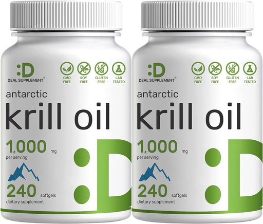 [BRSWYCT7OAFQYFLX] DEAL –EMENT 2 Pack Antarctic Krill Oil, 1,000mg Zerbitzu bakoitzeko, 480 Softgels - Mercury Free, No Fishy Taste - Rich in Omega-3s, EPA, DHA, Astaxanthin, & Phospholipids - Ez-GMO, No Gluten