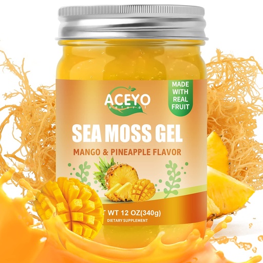[BRSRMBIODFYAIETV] (12 OZ) Irish Sea Moss Gel Raw Vegan Mango Pineapple Flavor 102 Vitamins and Minerals Wild Harvested Non-GMO Immune Defense Booster Thyroid Digestive Support