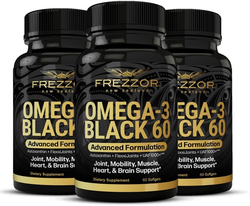 [BRSWYED6BF5WCDI3] FREZZOR Omega 3 Black for Joint Care & Comfort - New Zealand Green Lipped Mussel Oil Capsules; 53x Higher Potency with UAF1000+ Super Antioxidant, No Fishy Aftertaste, 60 Count (Pack of 3)