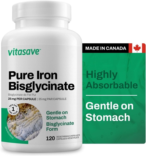 [BRSROAD7CAARSETP] Vitasave Iron Bisglycinate – High Absorption Iron Supplement for Energy, Anemia & Immune Support – Gentle on Stomach – Vegan, Non-GMO, Gluten-Free – 120 Capsules (Made in Canada)