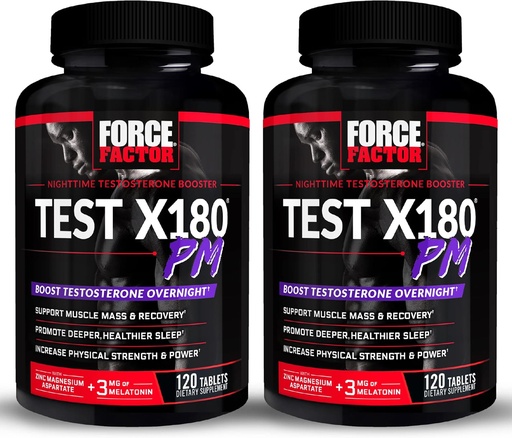 [BRSW2HAZO57WC23G] FORCE FACTOR Test X180 PM, 2-Pack, Testosterone Booster for Men, Overnight Testosterone Supplement to Build Muscle, Increase Strength, and Promote Deeper, Healthier Sleep and Recovery, 240 Tablets