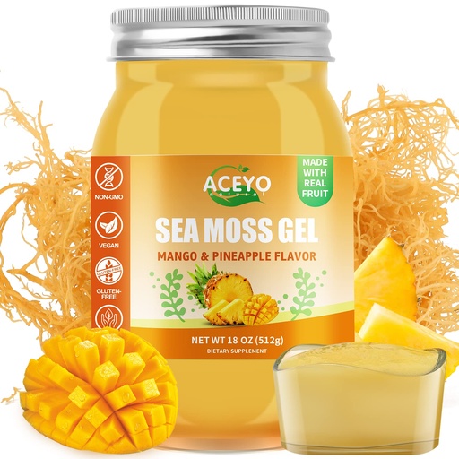 [BRSRMAQFCJ4AAA3L] (18 OZ) Irish Sea Moss Gel Raw Vegan Mango Pineapple Flavor 102 Vitamins and Minerals Wild Harvested Non-GMO