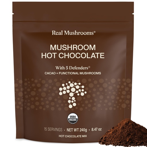 [BRSW2CT4BEBGEFY2] Real Mushrooms Organic Hot Chocolate Mix with Reishi, Turkey Tail, Chaga, Shiitake, Maitake – Cacao Powder Organic Mushroom– 5 Defenders Mushroom Cacao Powder, Vegan, Gluten-Free, 15 Servings