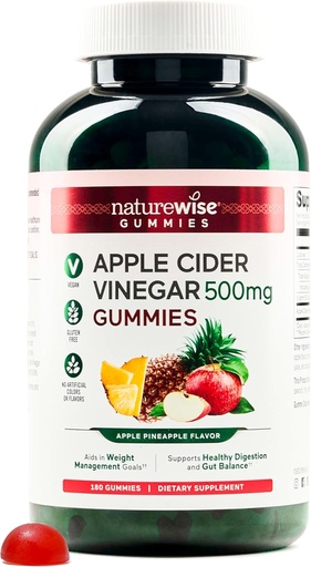 [BRSROHAYA56RSD3F] NatureWise Apple Cider Vinegar Gummies - 1000mg ACV per 2 + Vitamin B12 - Pectin Based Vegan, Gluten-Free, Non-GMO - 180 Count[90-Day Supply for 1000mg or 6-Month Supply for 500mg]