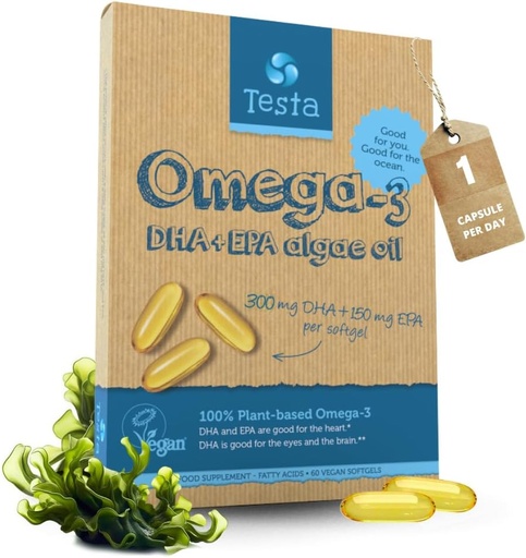 [BRSWKGT5ON6ACG3A] Testa Omega-3 Supplement - Vegan Based Omega 3 DHA EPA Capsules from Algae - Omega 3 Fatty acids - Supports Heart, Brain & Joint Health - Plastic Negative, RTG, and Kosher - Two Months Supply