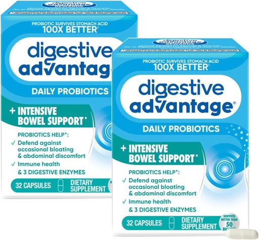 [BRSWGYYDCJ6BG33X] Digestive Advantage Intensive Bowel Support Probiotic Defends Against Gas & Bloating, 32 Count Capsules (2 Pack)