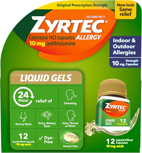 [BRSWIYATBV6ACYL2] Zyrtec 24 heures Gels liquides antiallergiques, Capsules d'antihistaminique avec Cétirizine HCl Allergie Médecine pour soulager toute la journée du nez de runny, éternuer, yeux démangeants et plus, 12 Compte