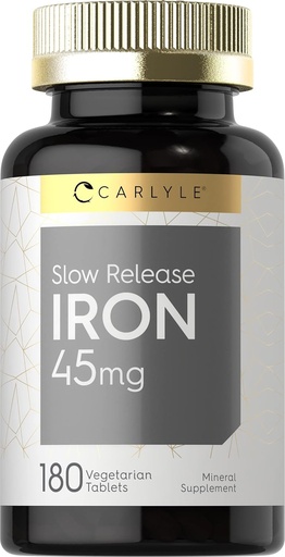 [BRSW2GQEDENQ4CTL] Carlyle Slow Release Iron 45 mg | 180 정제 | 철 황산 미네랄 보충 | 남성 및 여성용 | 채식주의, 비 GMO, 글루텐 프리 포뮬러