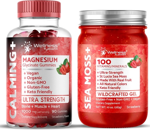 [BRSRAAYQOBYQGGT5] WELLNESS LABSRX Irish Sea Moss Gel Strawberry Flavor - Magnesium Glycinate Gummies 1000mg