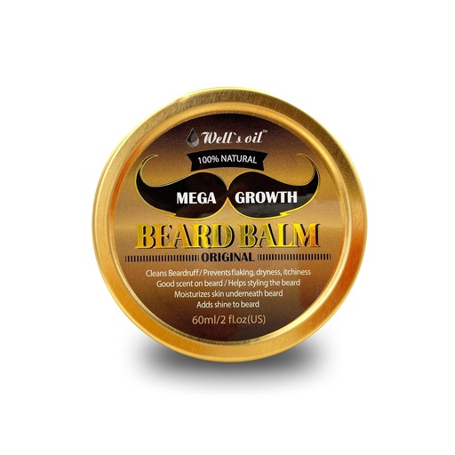 [BRSWGHAZOV5WYAL5] Well's MEGA GROWTH Beard Balm (Original Scent) | 2 fl.oz. | 100% Natural | Chemical-Free | For Men’s Beard Care | Taming, Styling & Softening