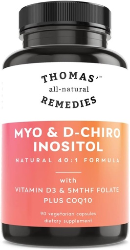 [BRSRMBQFOB6AAHTJ] Thomas' all-natural Remedies Myo Inositol Supplement & D-Chiro Inositol Blend Supplement with Folate and Vitamin D3, 40 to 1 Ratio, Non-GMO, No Fillers, CoQ10, 90 Vegan Capsules