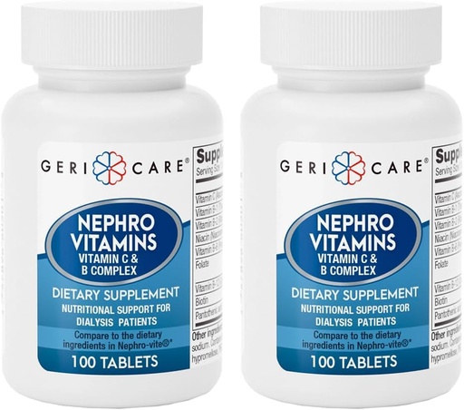 [BRSRA2YQDIFA4ELF] GeriCare Nephro Vitamin C & B Complex Tablets, 100 Count – Daily Kidney Health & Energy Support, Immune System Boost, Antioxidant Protection & Metabolism Support (Pack of 2)