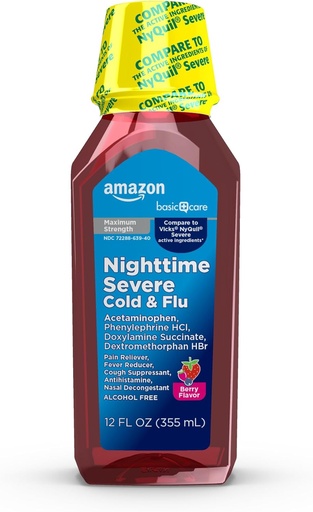 [BRSWIEY2AYDGK2TM]   Basic Care Nighttime Severe Cold and Flu Syrup, Max Strength Liquid Medicine, Multi-Symptom Relief, for Adults and Children 12 Years and Older, Mixed Berry Flavor, 12 fl oz (Pack of 1)