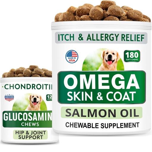 [BRSW2EIQDEDWEHLU] BARK&SPARK Glucosamine Dog Treats + Omega 3 for Dogs Bundle - Hip Support and Joint Pain Relief Supplement + Fish Oil Chews for Shedding, Skin Allergy, Itch Relief, Skin and Coat Supplement