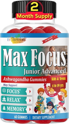 [BRSRAGI5AQARG2QV] Max Focus Junior - Kids Focus & Calm Gummies | Rahustav & tähelepanu toetuslisa Ashwagandhaga lastele ja teismelistele | Aju vitamiinid | Vegan, Non-GMO, 60 Gummies