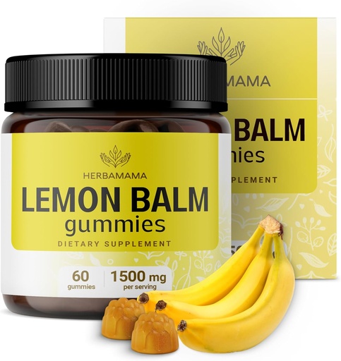 [BRSRMEIZOZ5BUEY2] HERBAMAMA Lemon Balm Kaļķošanas gumijas - 1500mg Lemon Balm lapa relaksācijai - Vegan Non-GMO Melissa Officinalis Papildinājums - 60 Pectin-Based Banana-Flavored Chews