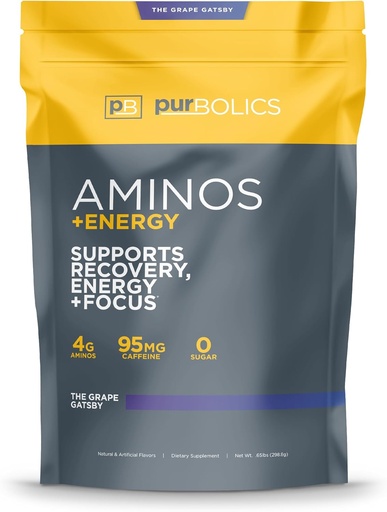 [BRSWGYAEBAHBAFL3] Purbolics Aminos + Energy | Stöder återhämtning, energi och fokus | 95mg koffein, 0 socker & 60 portioner (The Grape Gatsby)
