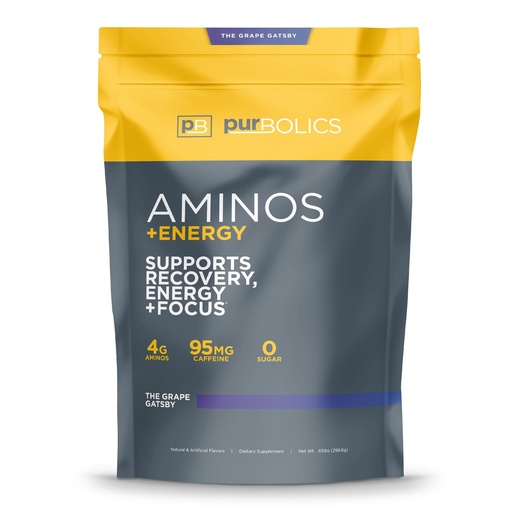[BRSWGYAEBAHBAFL3] Purbolics Aminos + Energy | Supports Recovery, Energy & Focus | 95mg of Caffeine, 0 Sugar & 60 Servings (The Grape Gatsby)